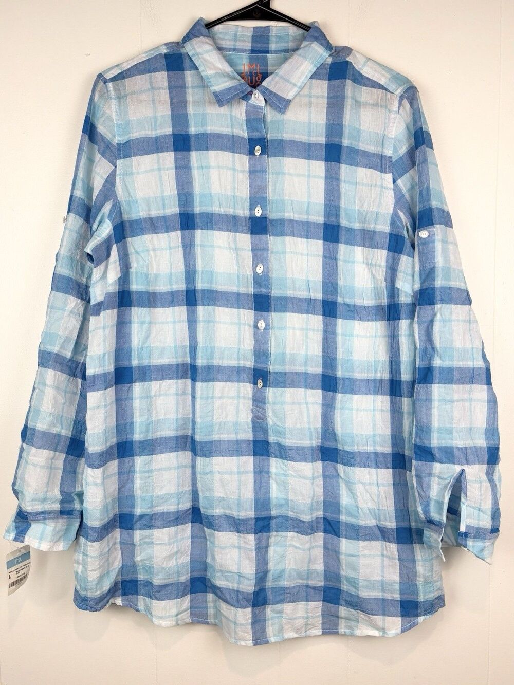 J.McLaughlin LG Blouse Tunic Shirt Blue White Plaid Popover Preppy Coastal NEW